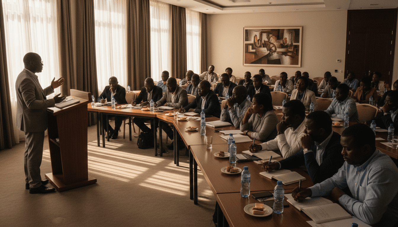 Conférencier s'adressant à un auditoire attentif lors d'un séminaire dans une salle de conférence à Abidjan