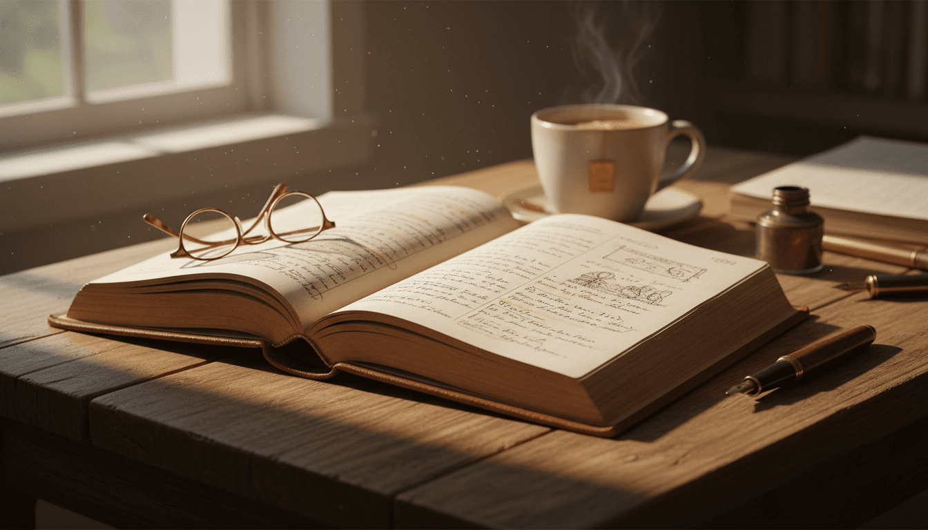 Open book with handwritten notes on a wooden desk
