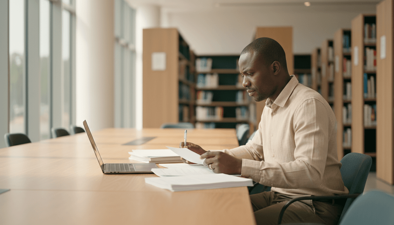 Chercheur africain analysant des documents académiques dans une bibliothèque moderne à Abidjan