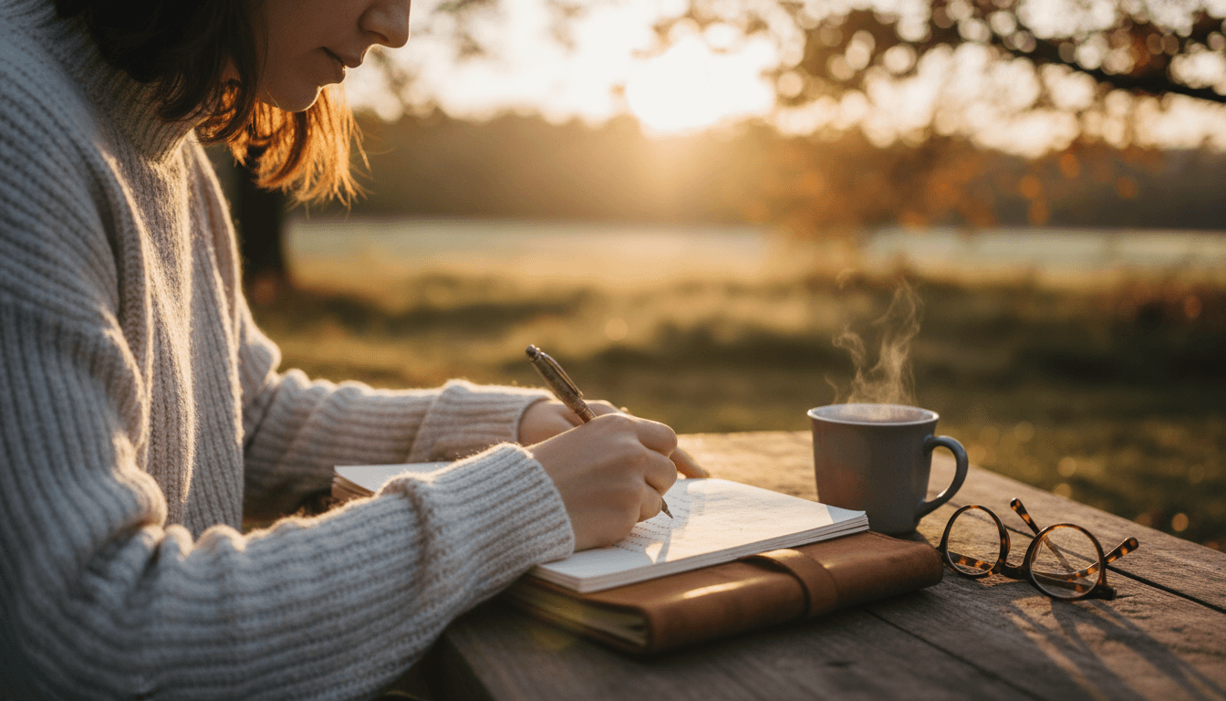 Person writing in a journal outdoors