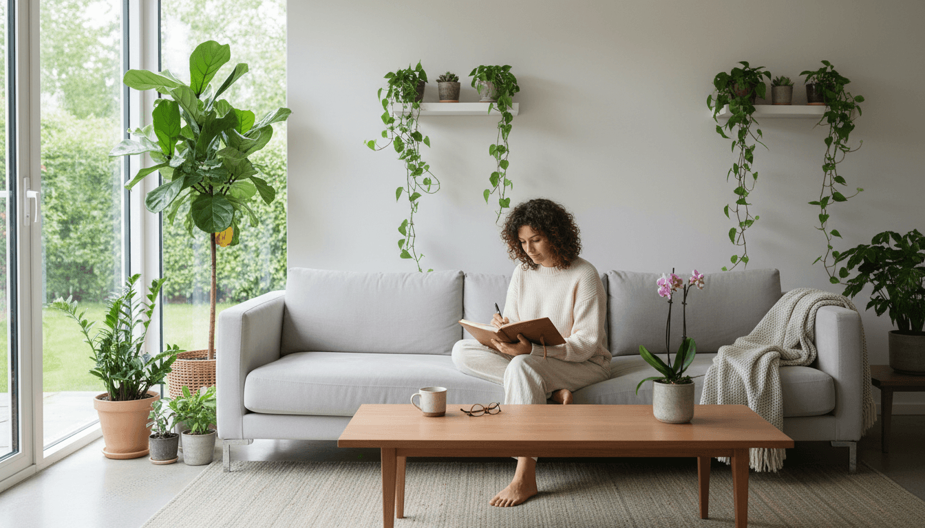 Femme écrivant dans un journal dans un salon calme et lumineux avec des plantes