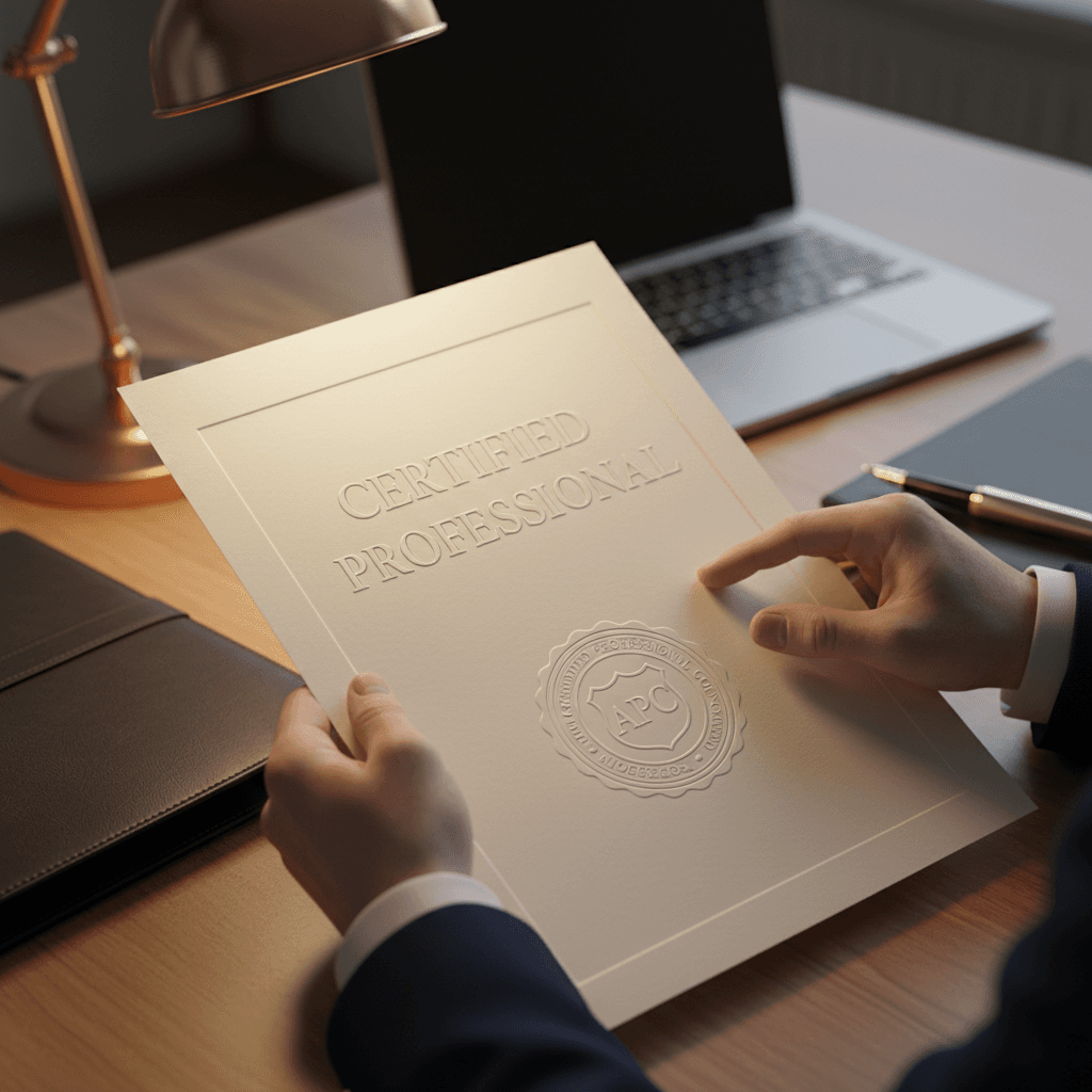 Close-up of hands holding professional certification document with embossed seal on minimalist workspace desk