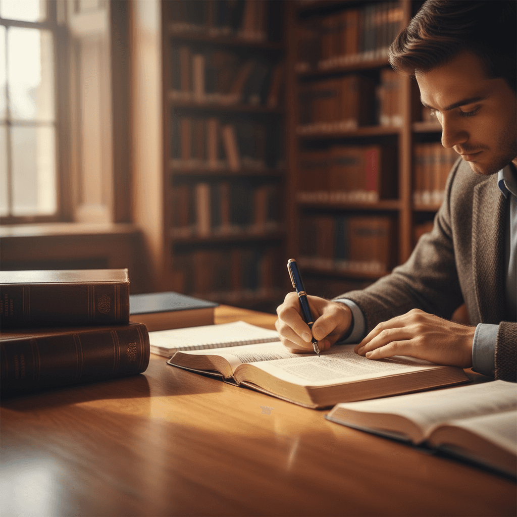 Étudiant en théologie lisant un texte biblique avec des notes, dans une bibliothèque moderne
