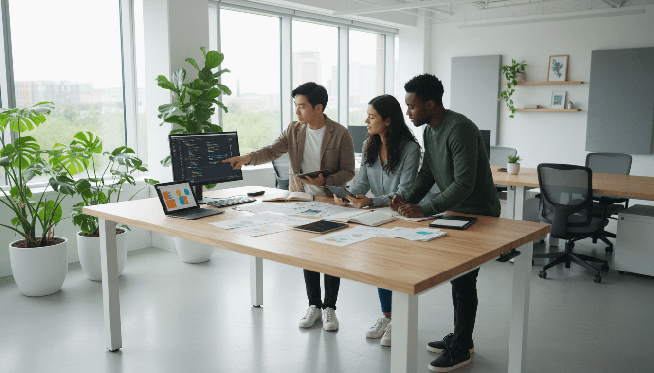 Une équipe professionnelle échangeant autour d'un bureau dans un espace lumineux et moderne