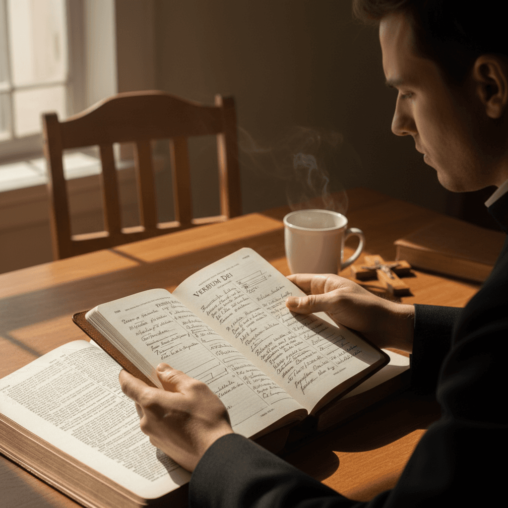 Seminarian studying theological texts with open book and handwritten journal in natural morning light