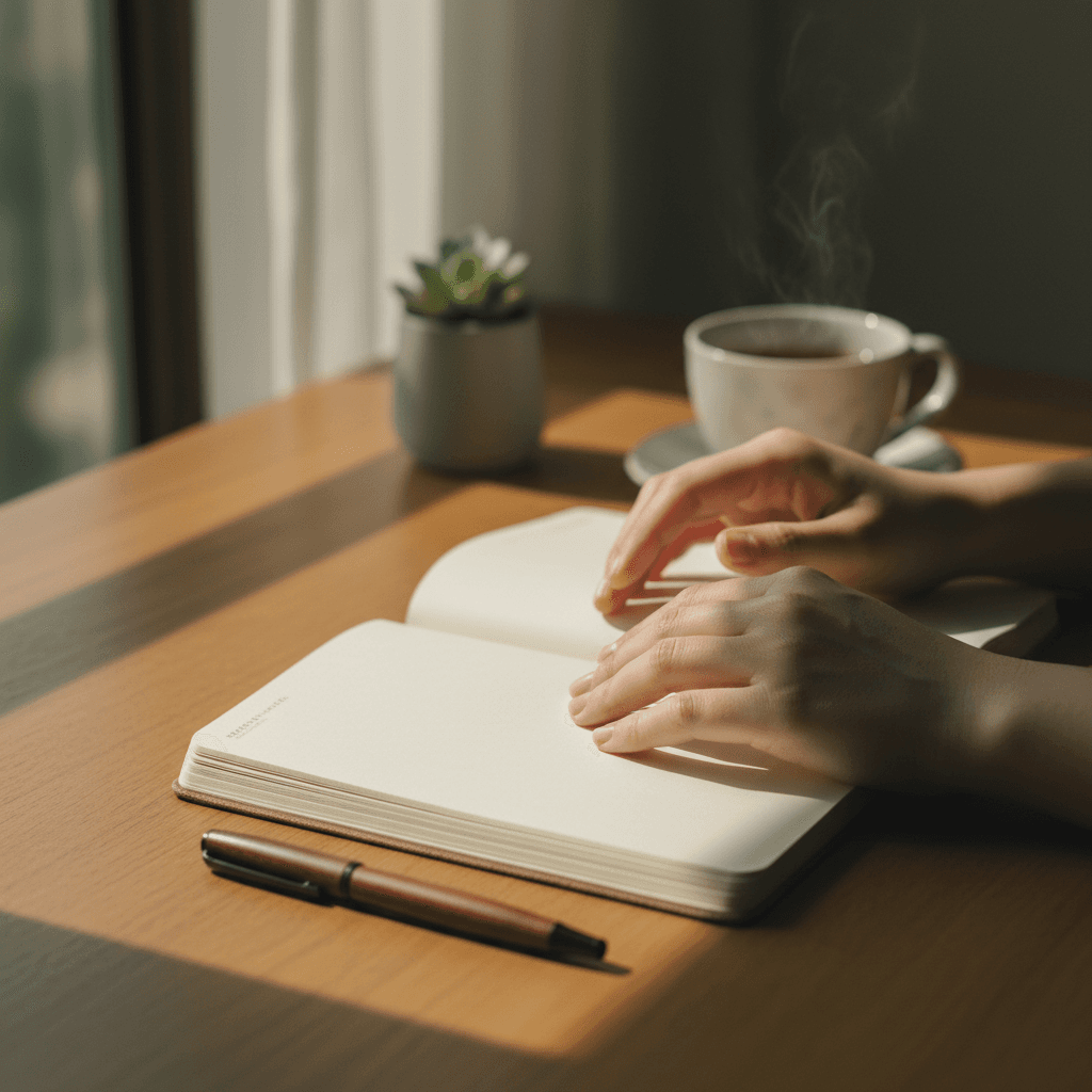 Personne en moment de réflexion et d'écriture à un bureau lumineux
