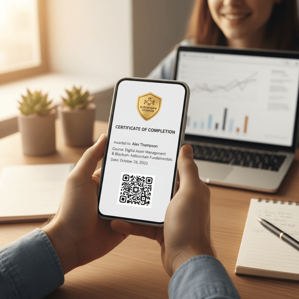 Student holding smartphone displaying digital certificate with QR code verification badge and blockchain authentication details