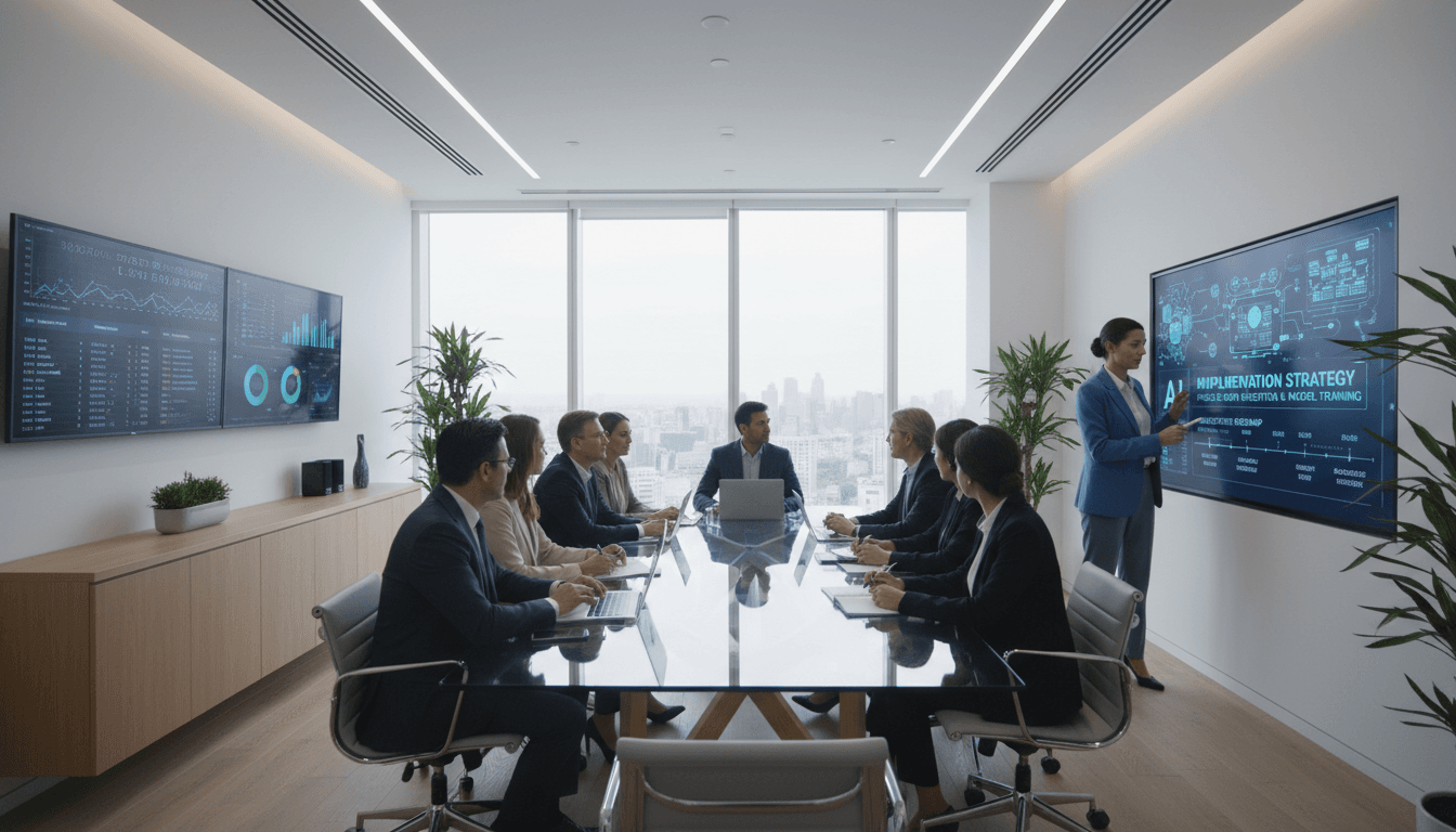 Diverse consulting team collaborating in modern conference room with digital displays showing AI architecture diagrams and analytics dashboards