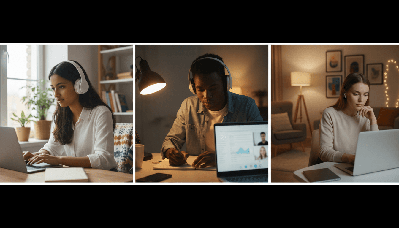 Diverse students engaged in remote learning at home workstations with laptops, headphones, and focused concentration across multiple environments