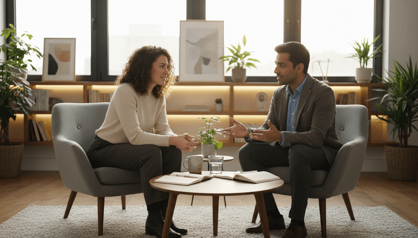 Coach professionnel en séance individuelle avec un client dans un bureau moderne