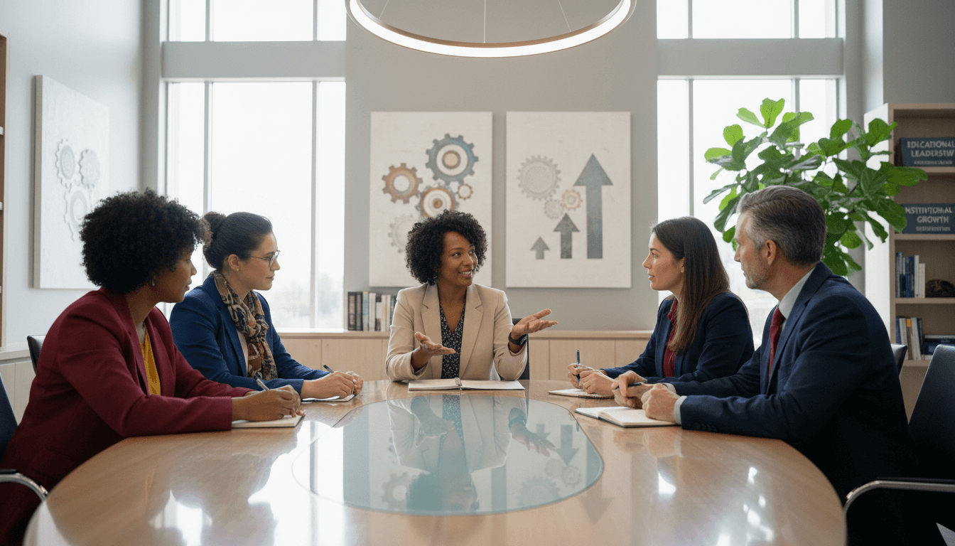 Diverse group of five educational leaders in animated boardroom roundtable discussion during collaborative mentorship session